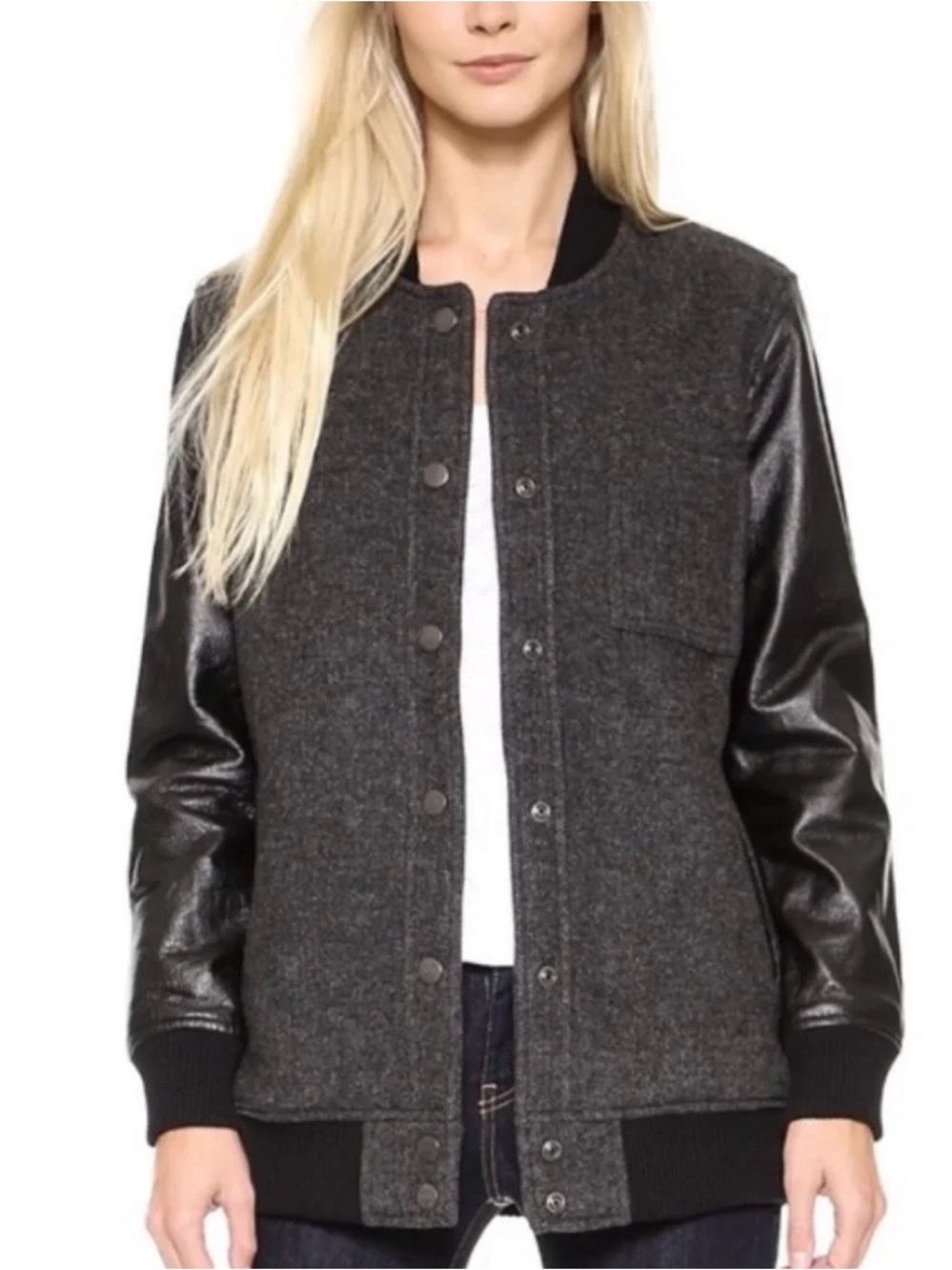 Current/Elliott Stanwood Varsity Jacket Leather & Herringbone Wool Blend Medium